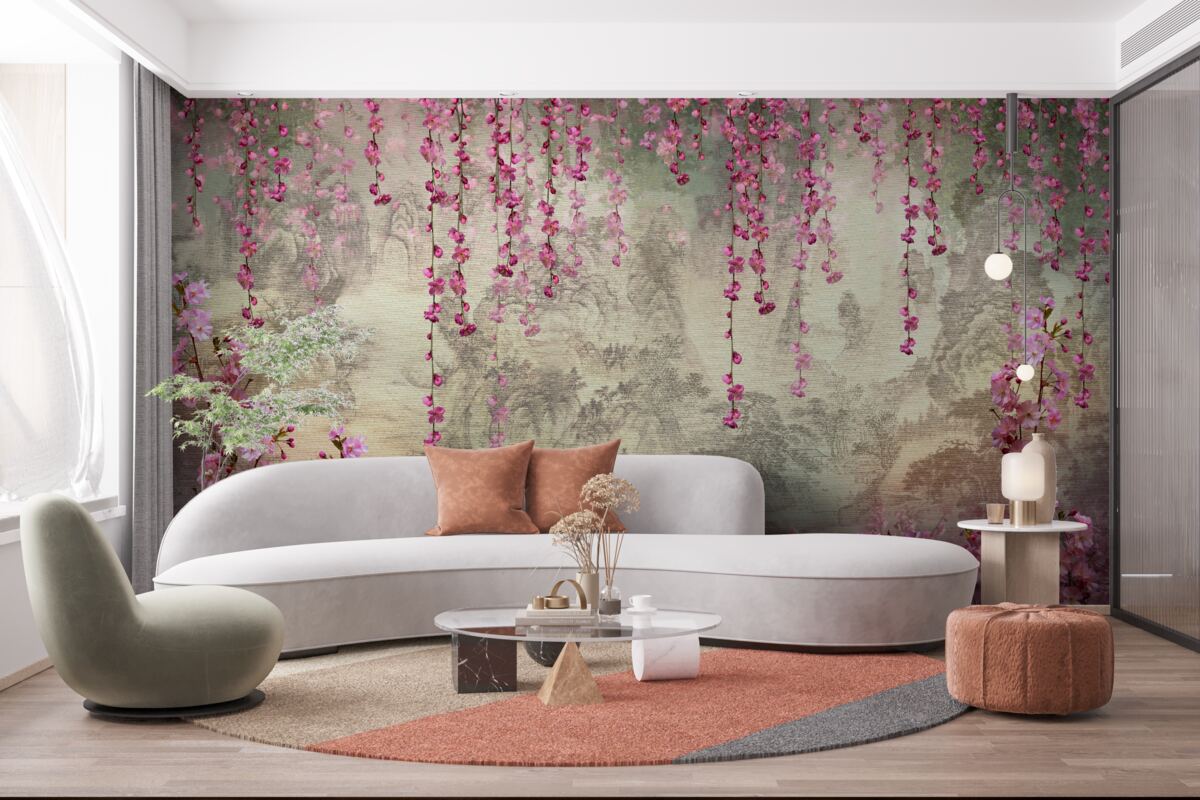 Papier peint fleurs roses tombant dans l'eau de haut en bas