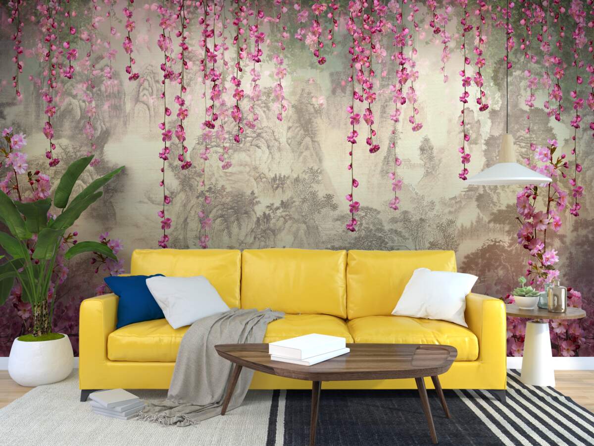 Papier peint fleurs roses tombant dans l'eau de haut en bas