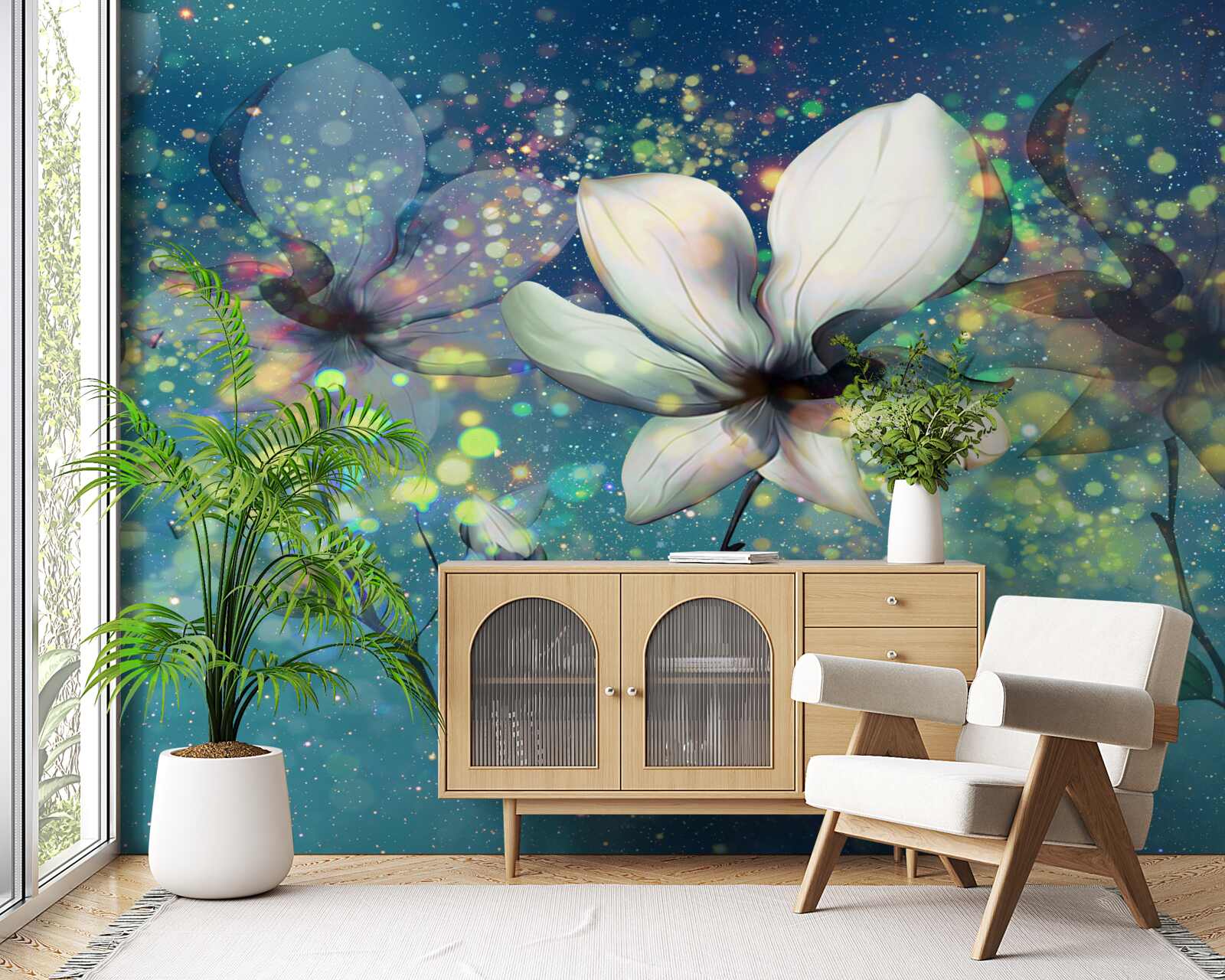 Papier peint une fleur blanche dans une nuit parsemée d'étoiles