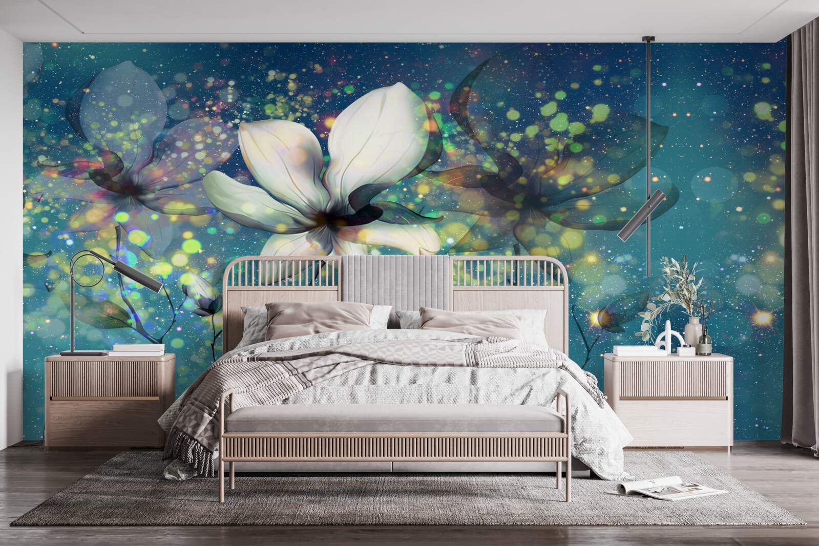 Papier peint une fleur blanche dans une nuit parsemée d'étoiles