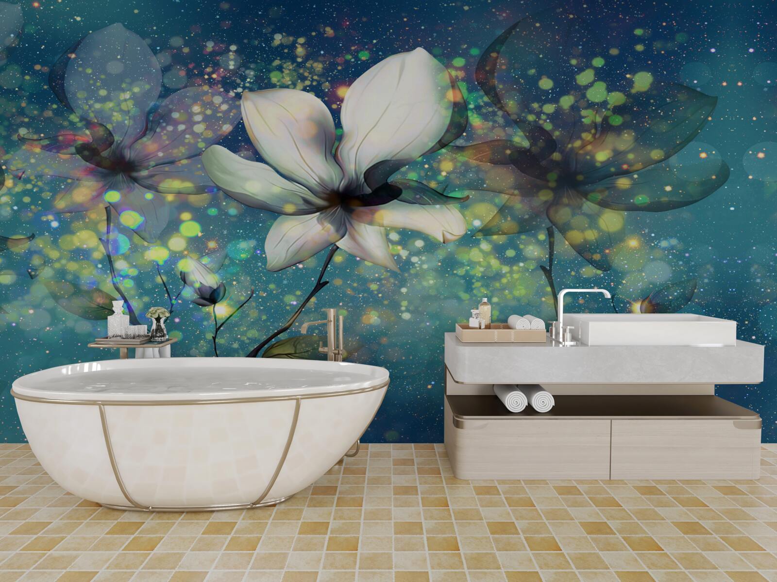 Papier peint une fleur blanche dans une nuit parsemée d'étoiles