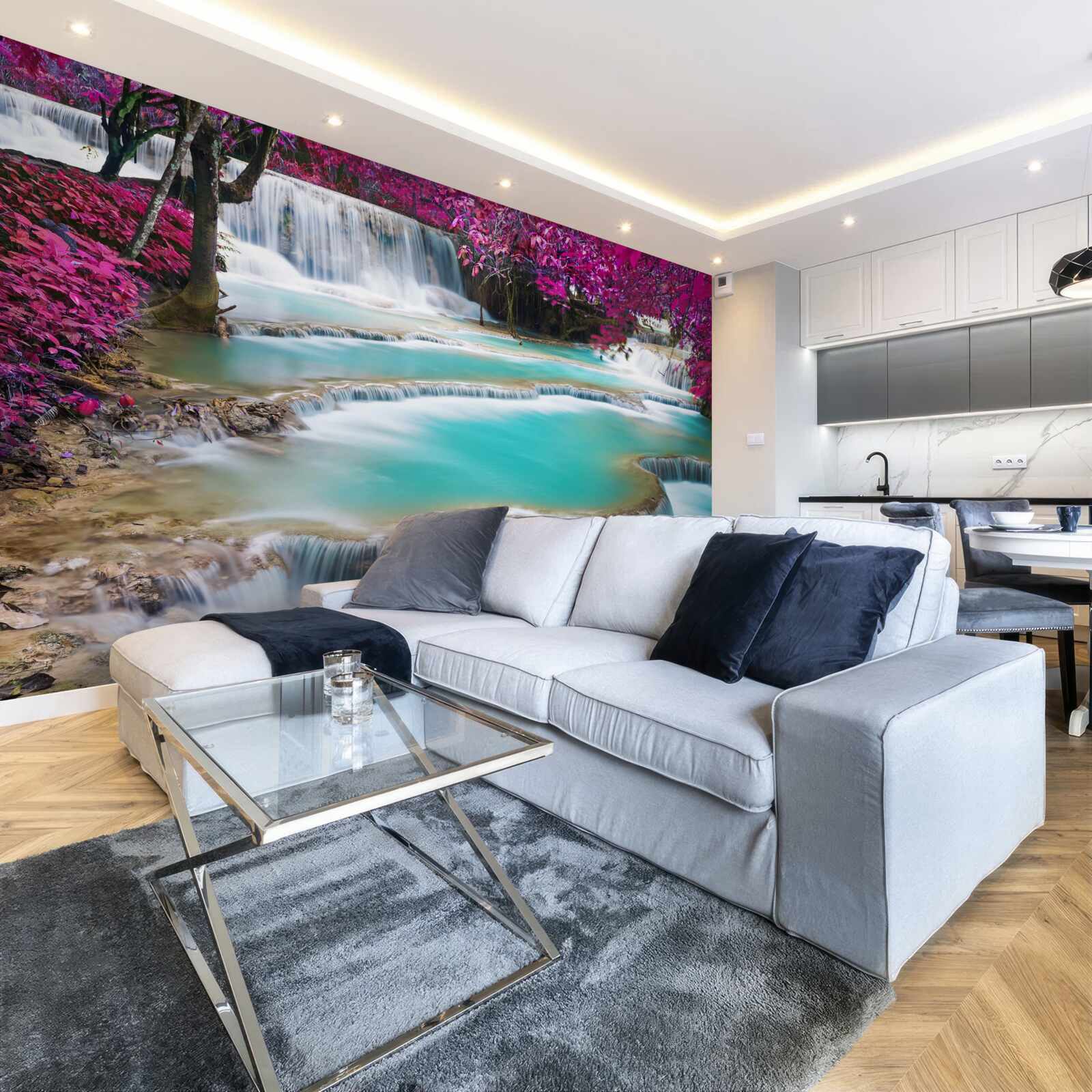 Papier peint arbres couverts de fleurs de lilas au pied de la cascade