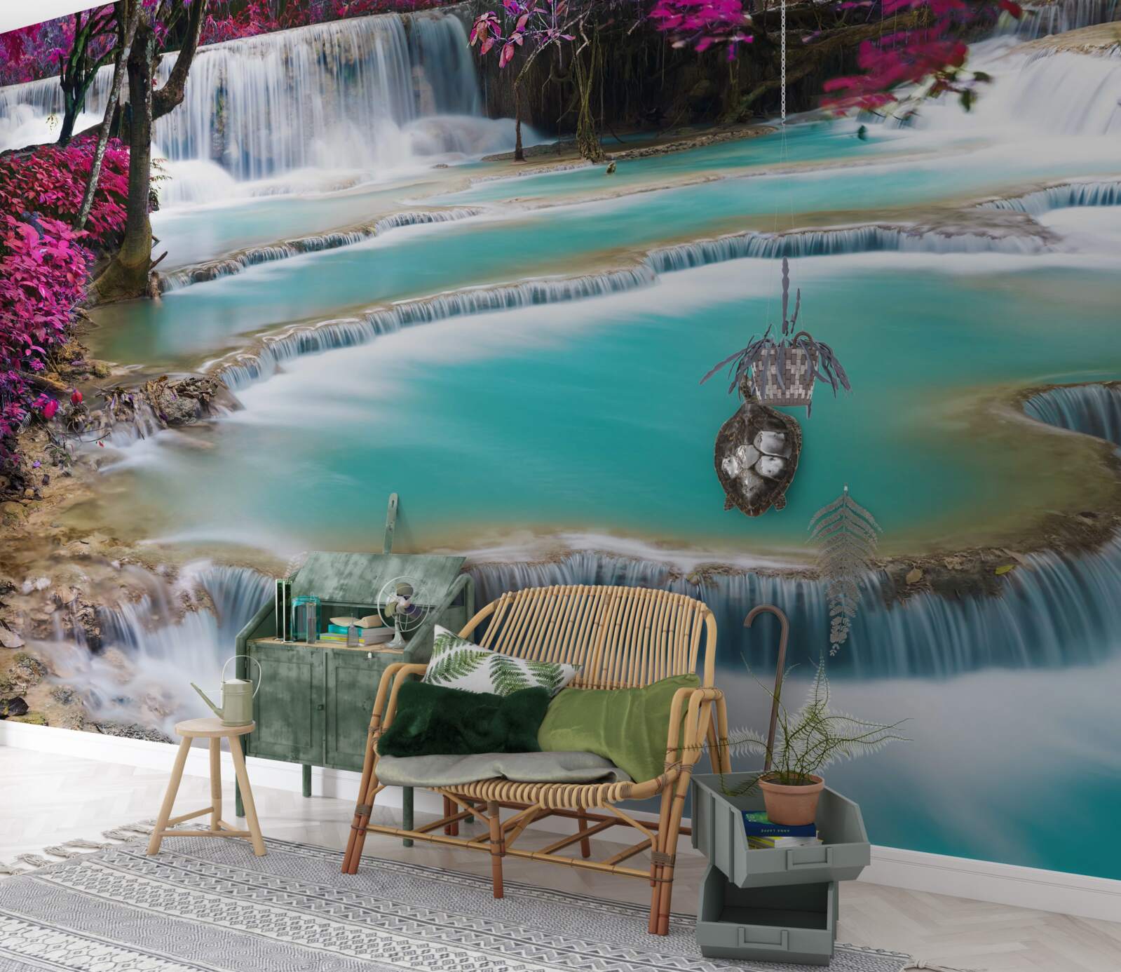 Papier peint arbres couverts de fleurs de lilas au pied de la cascade