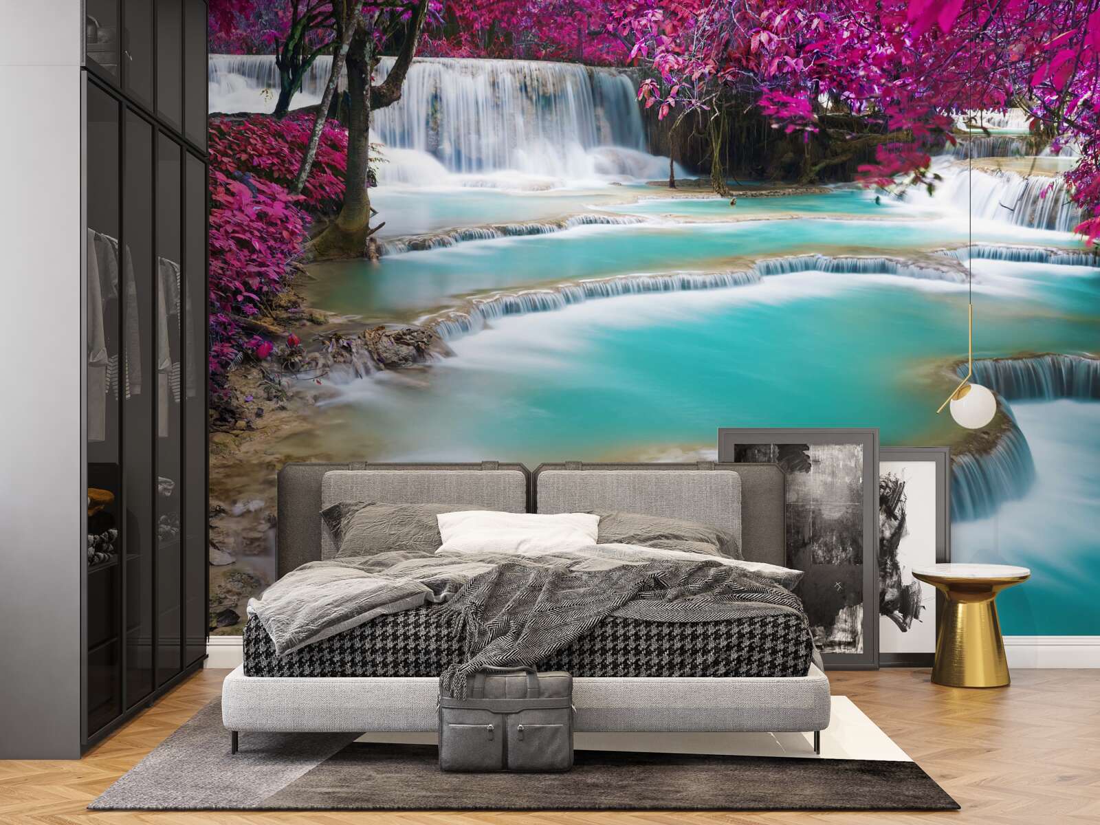 Papier peint arbres couverts de fleurs de lilas au pied de la cascade