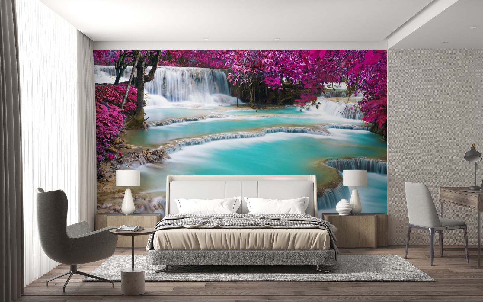 Papier peint arbres couverts de fleurs de lilas au pied de la cascade