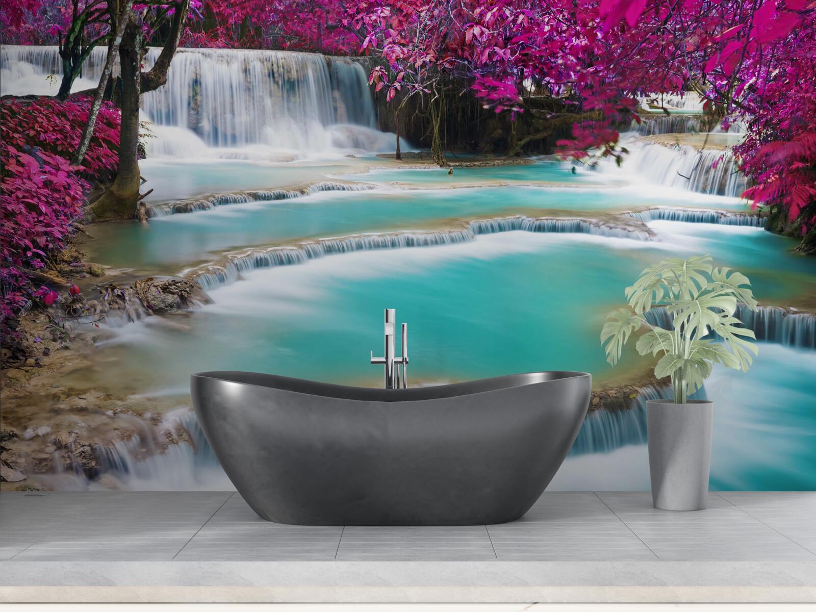 Papier peint arbres couverts de fleurs de lilas au pied de la cascade