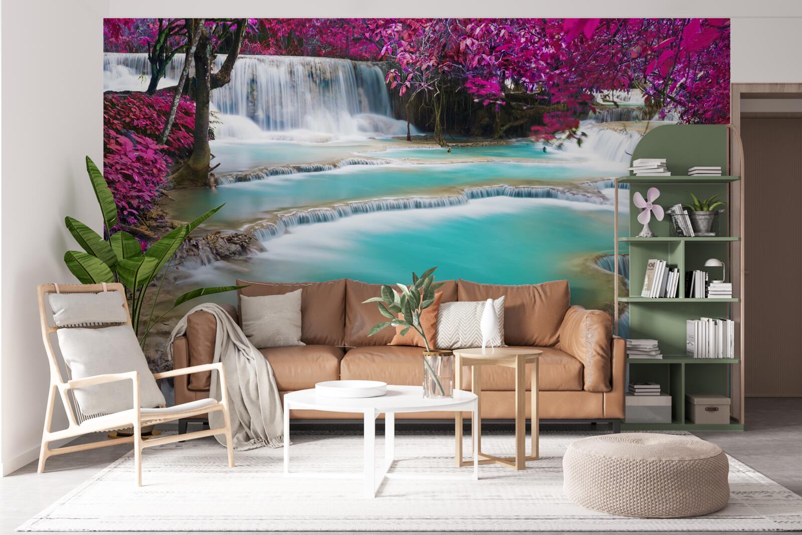 Papier peint arbres couverts de fleurs de lilas au pied de la cascade