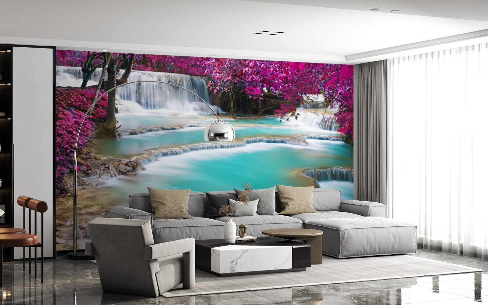 Papier peint arbres couverts de fleurs de lilas au pied de la cascade