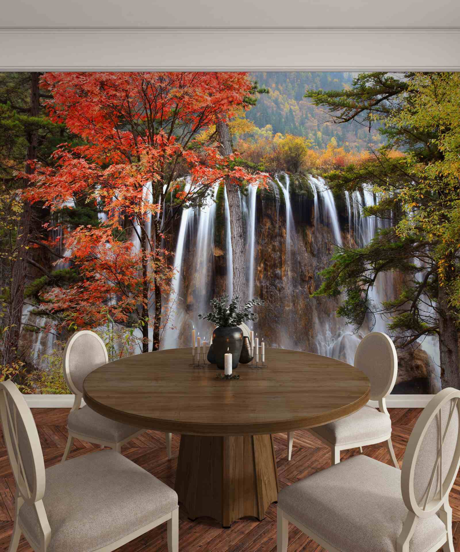 Papier peint forêt près d'une puissante chute d'eau en automne