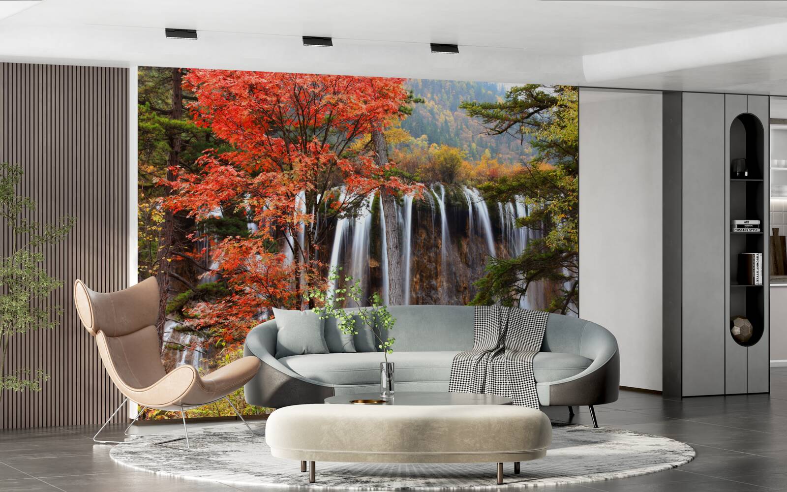 Papier peint forêt près d'une puissante chute d'eau en automne