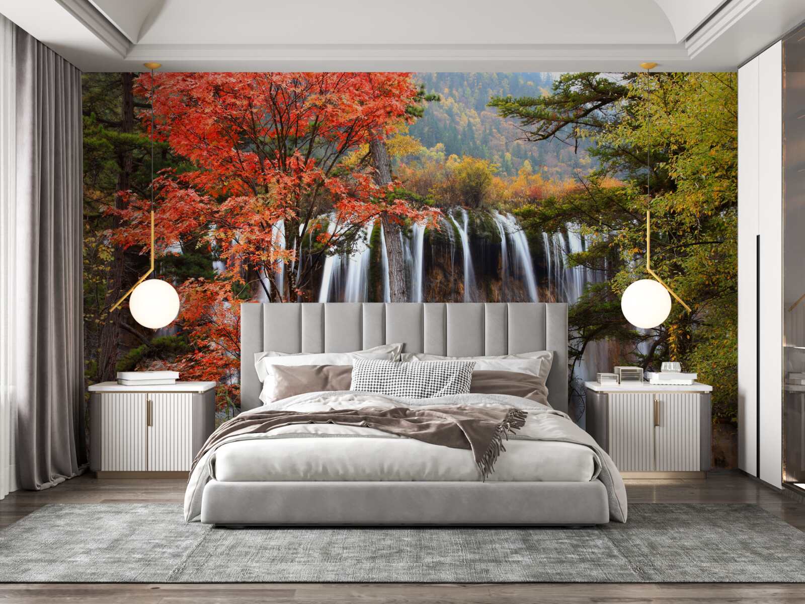 Papier peint forêt près d'une puissante chute d'eau en automne