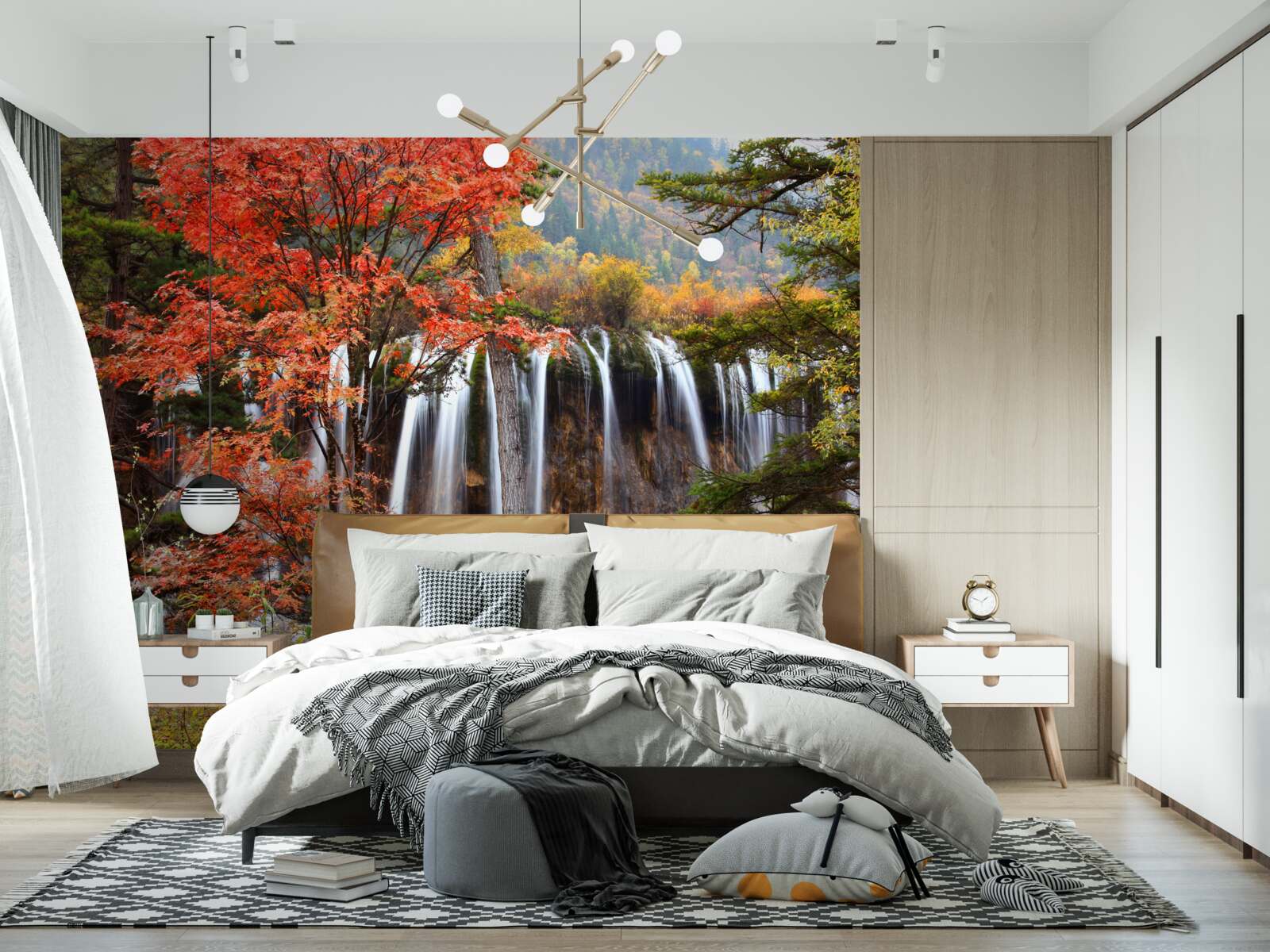 Papier peint forêt près d'une puissante chute d'eau en automne