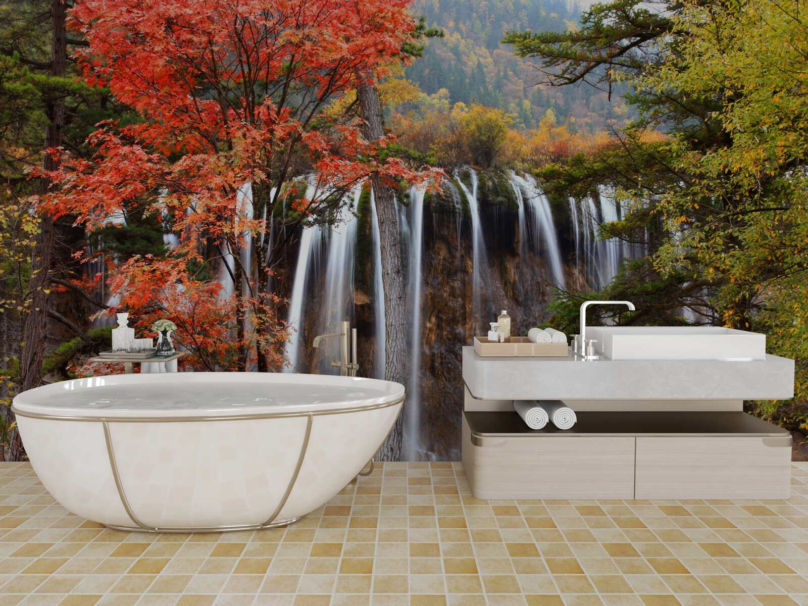 Papier peint forêt près d'une puissante chute d'eau en automne