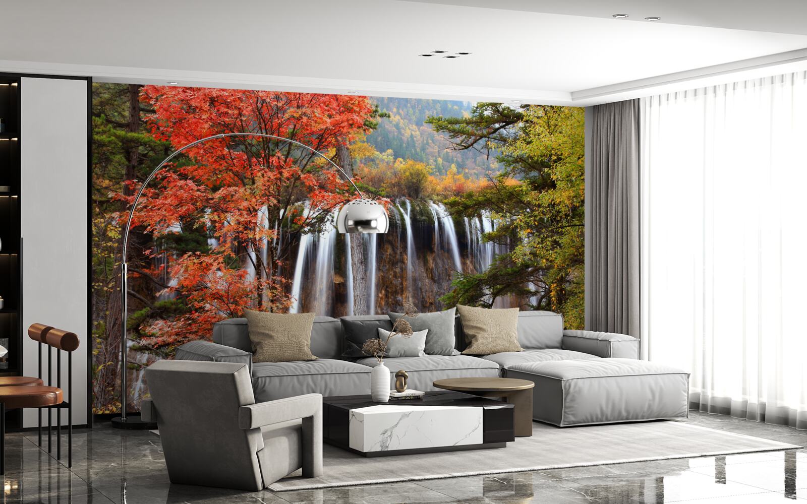 Papier peint forêt près d'une puissante chute d'eau en automne