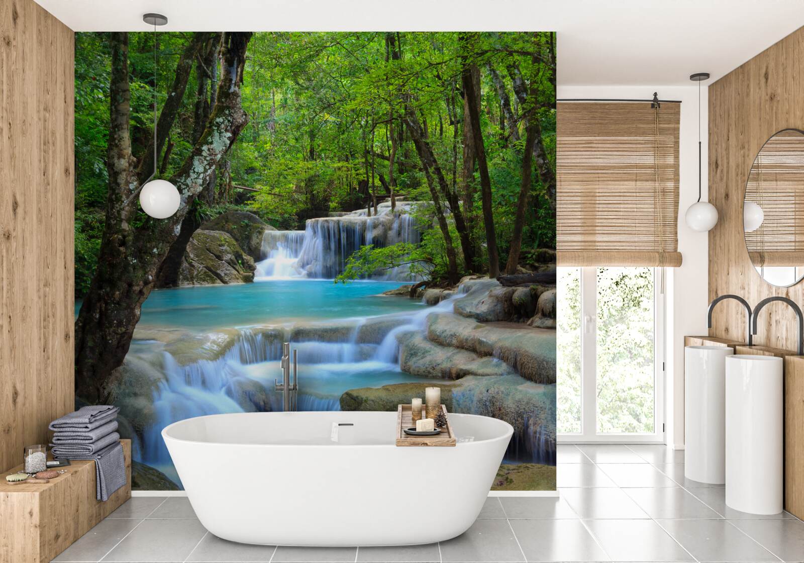 Papier peint les eaux de la cascade de la forêt sont claires et bleues