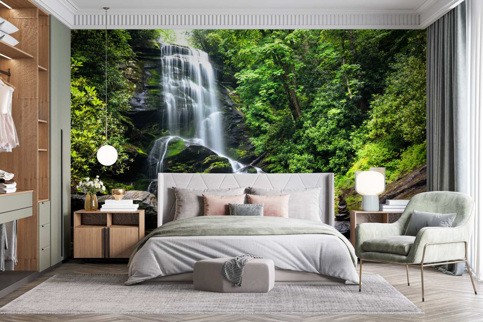 Papier peint les eaux de la cascade de la montagne tombent rapidement dans la forêt