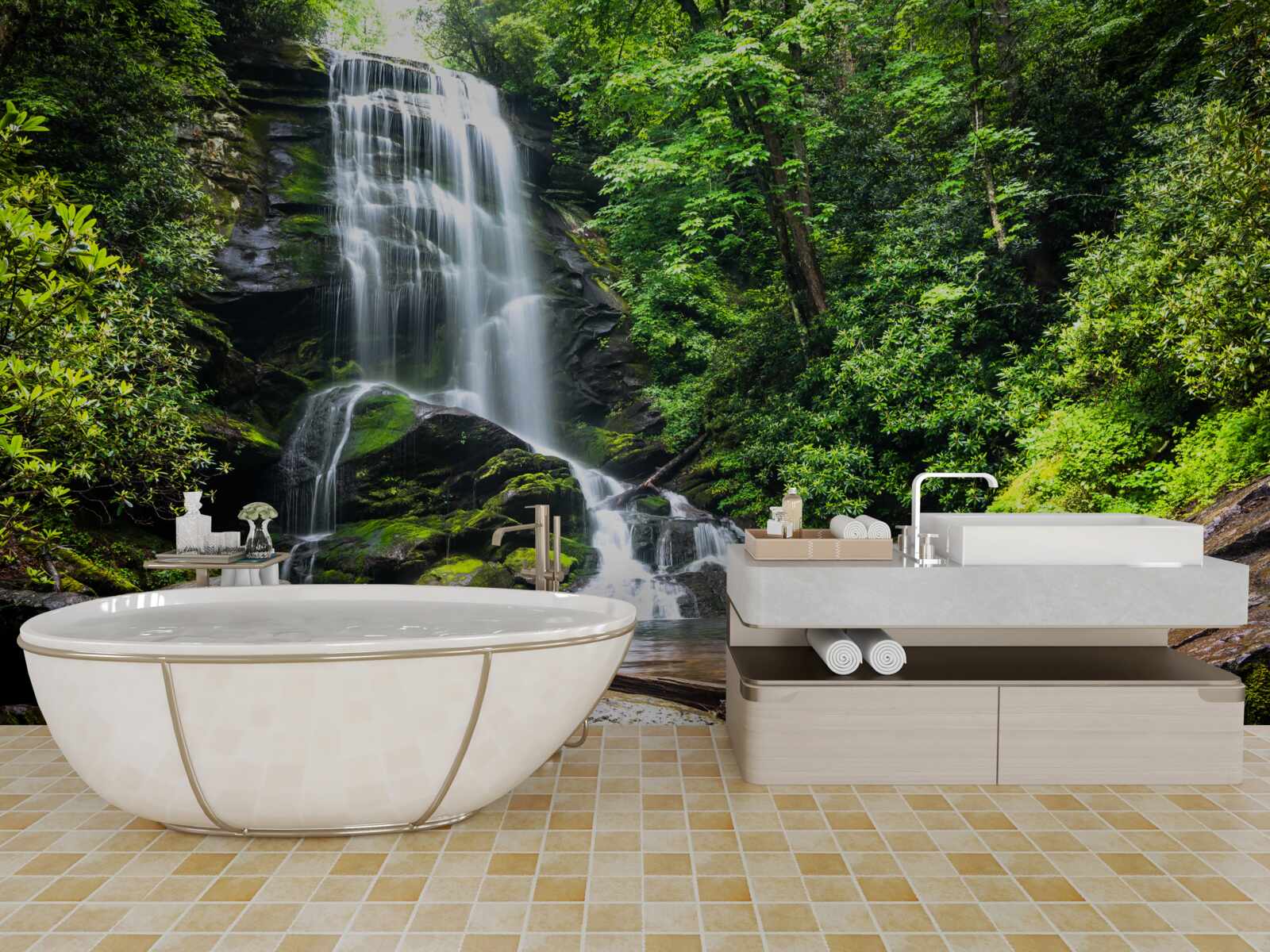 Papier peint les eaux de la cascade de la montagne tombent rapidement dans la forêt