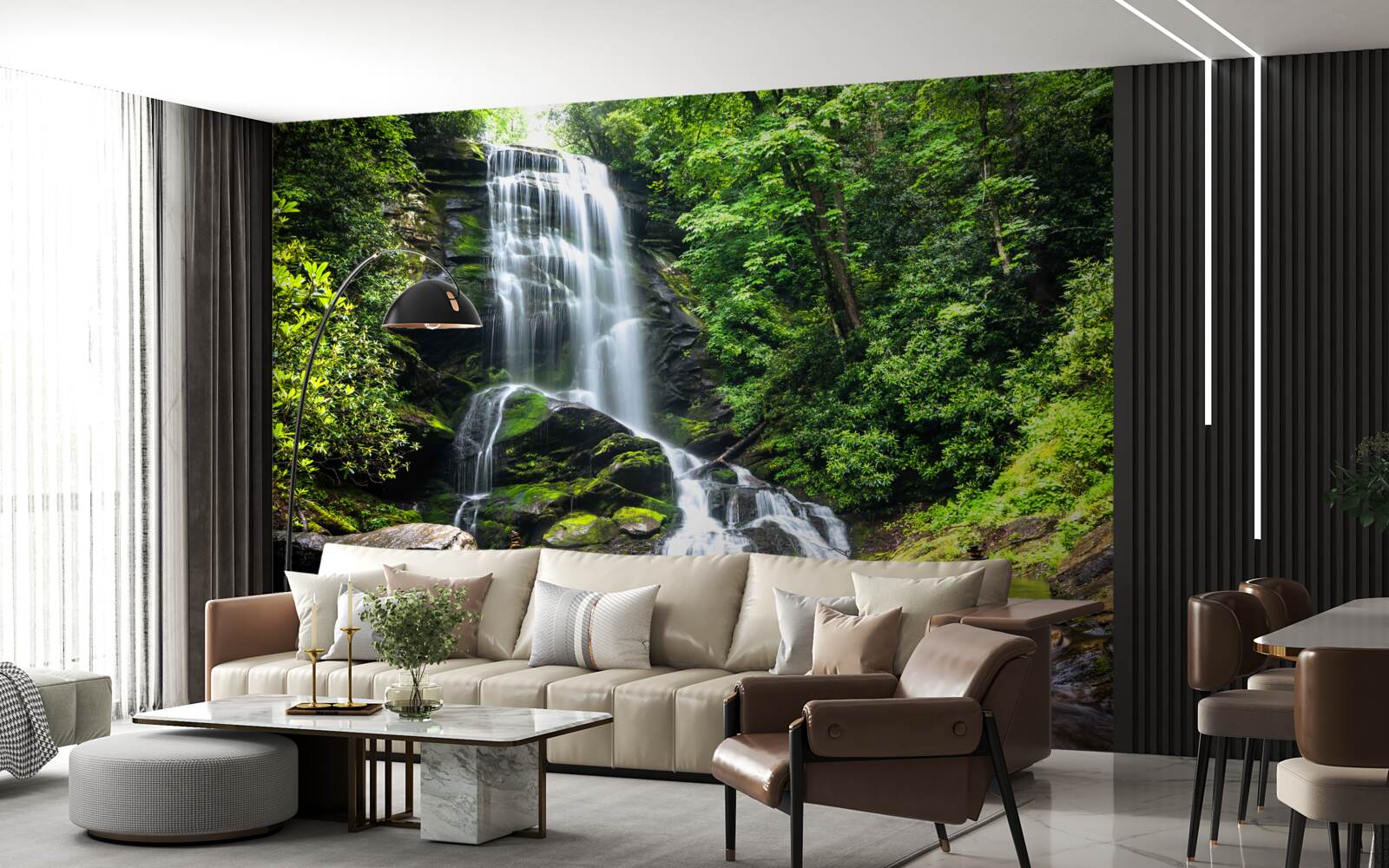 Papier peint les eaux de la cascade de la montagne tombent rapidement dans la forêt