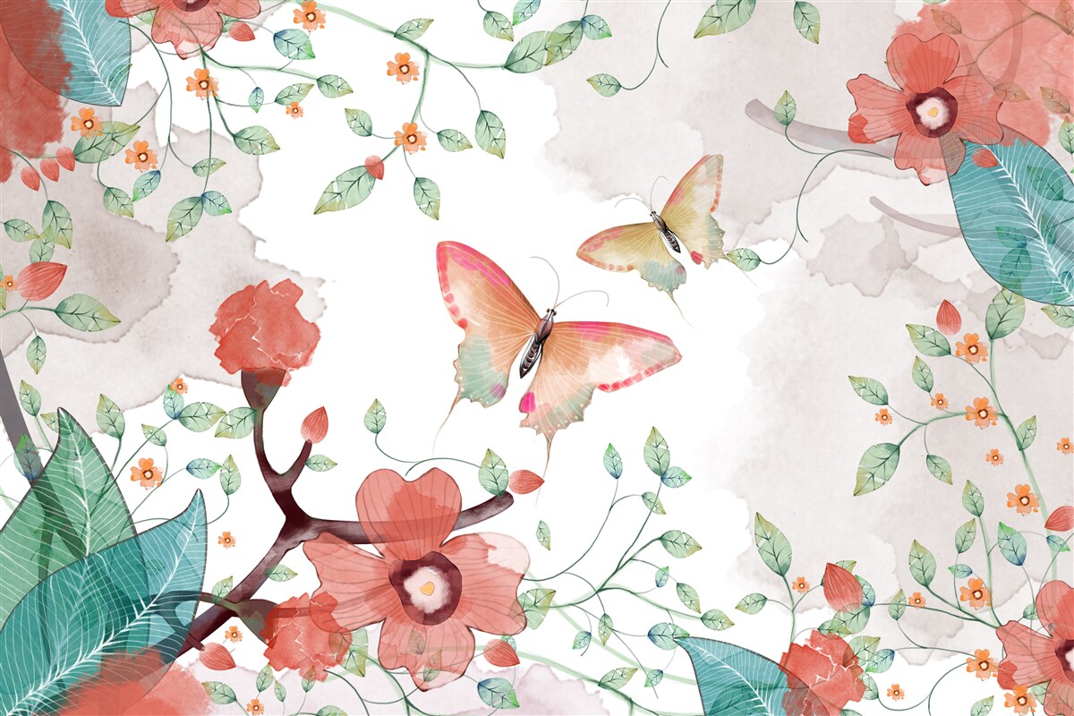 Papier peint fleurs et papillons peints à l'aquarelle