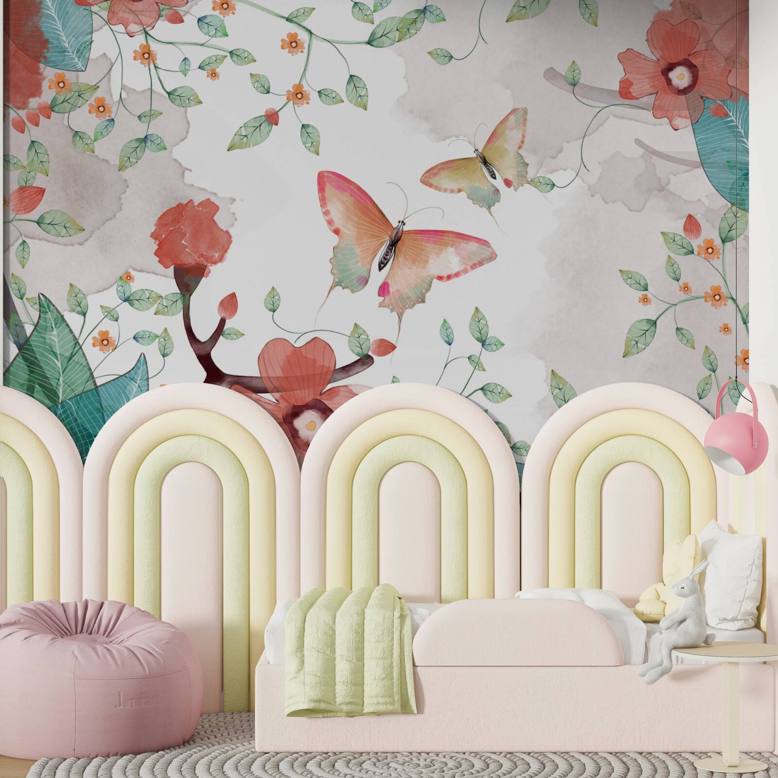 Papier peint fleurs et papillons peints à l'aquarelle