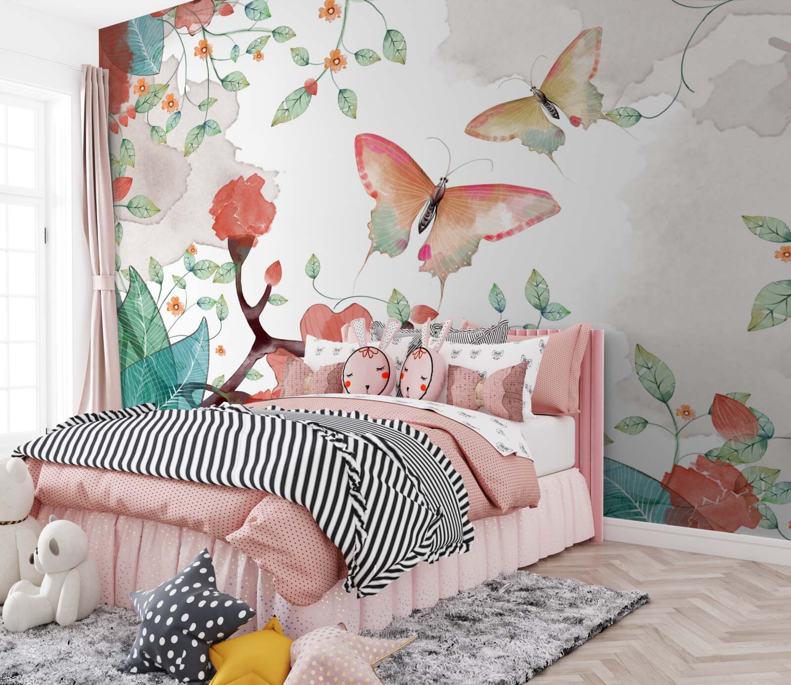 Papier peint fleurs et papillons peints à l'aquarelle