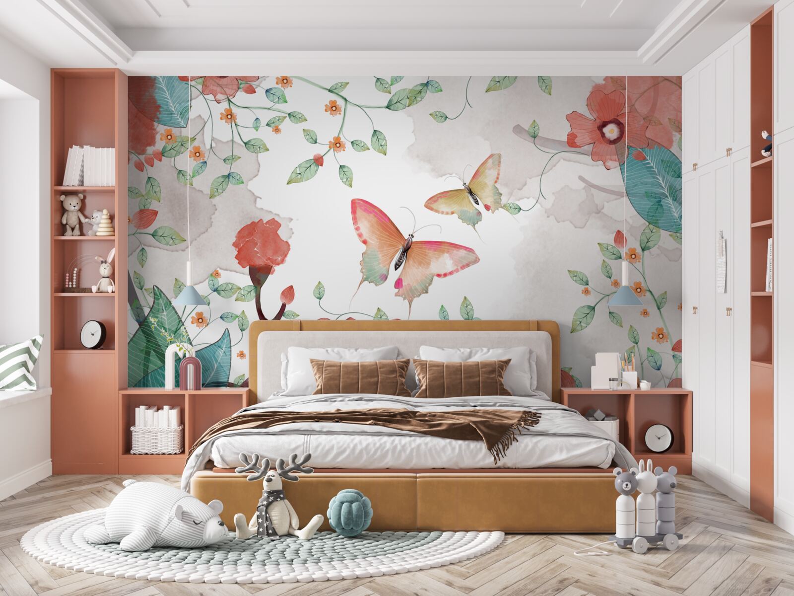 Papier peint fleurs et papillons peints à l'aquarelle