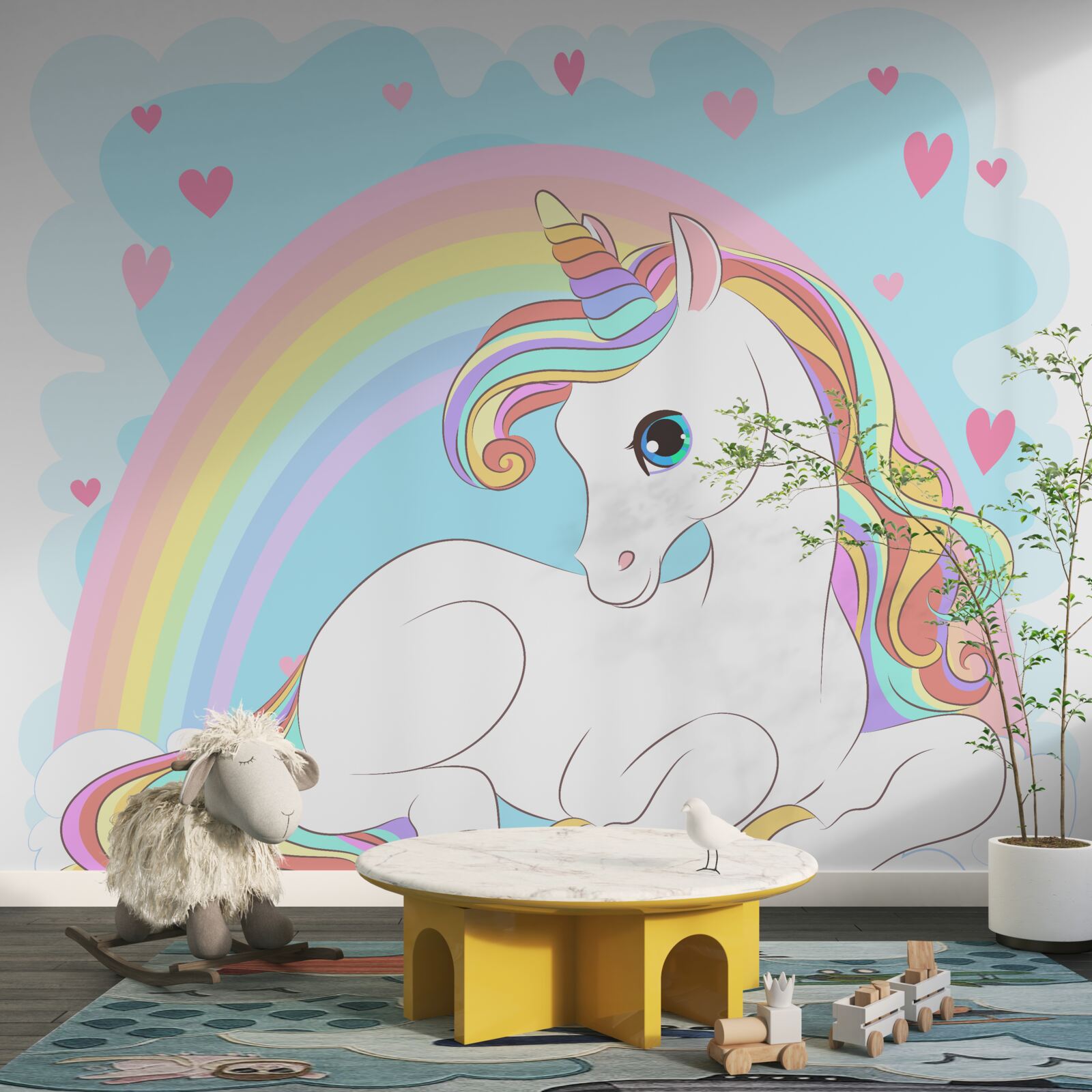 Papier peint licorne sur fond d'arc-en-ciel