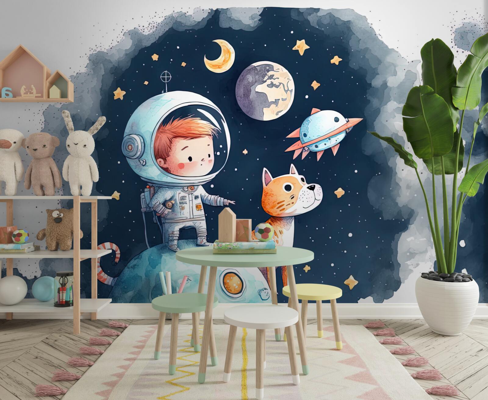 Papier peint garçon avec chien dans l'espace