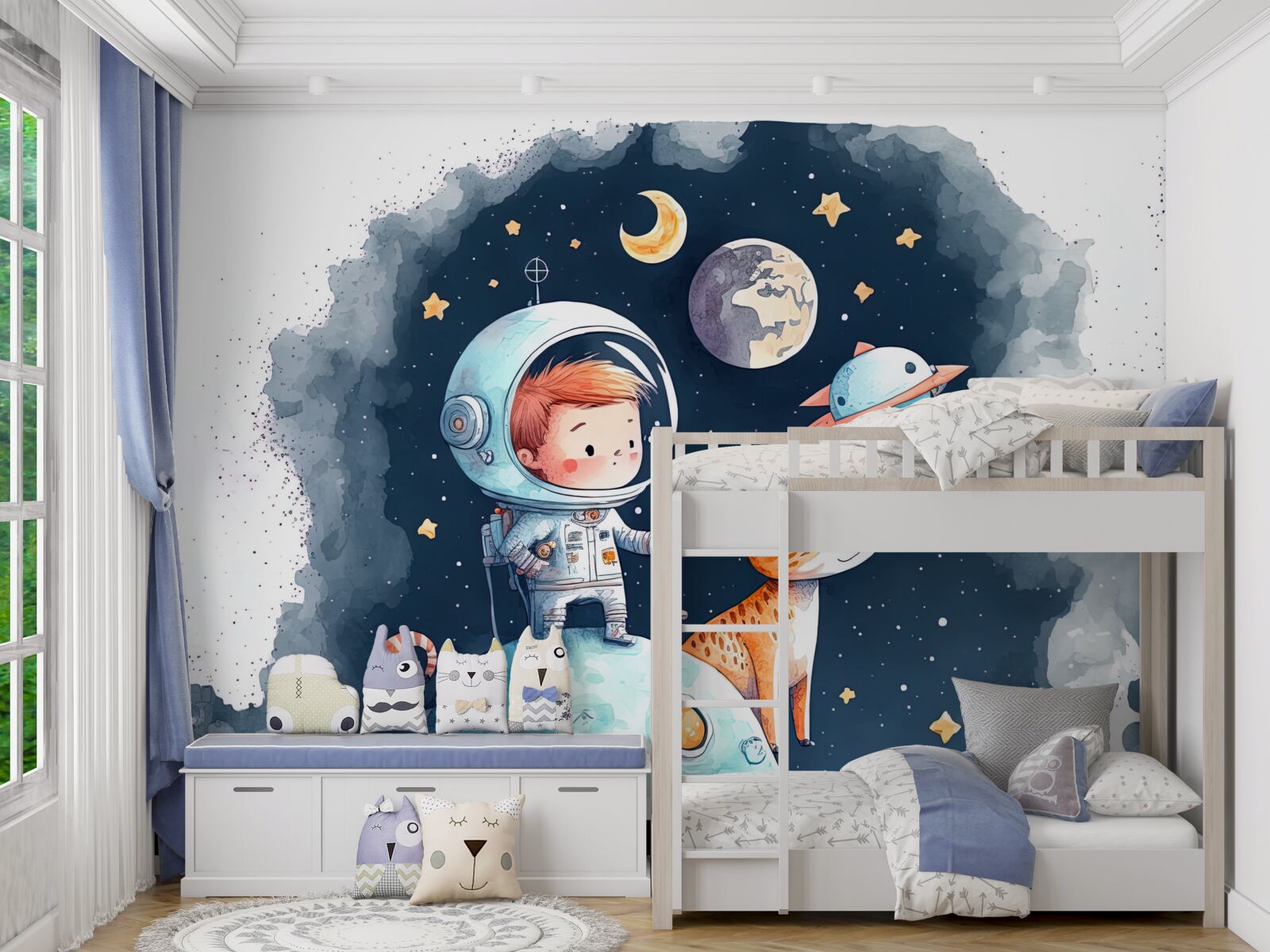 Papier peint garçon avec chien dans l'espace