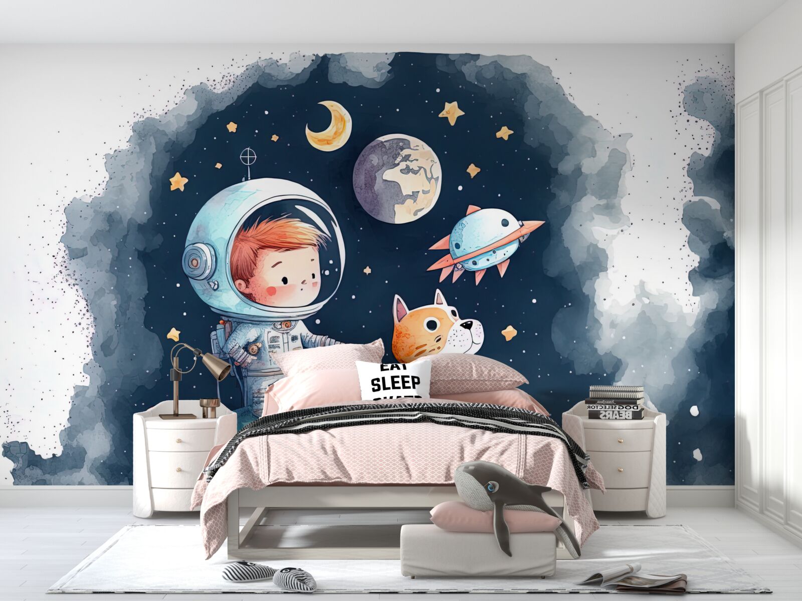 Papier peint garçon avec chien dans l'espace