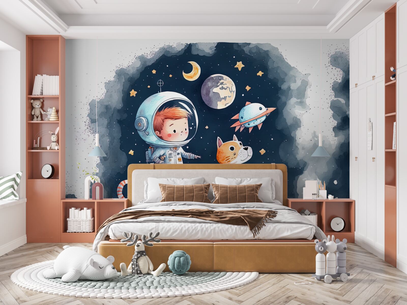 Papier peint garçon avec chien dans l'espace