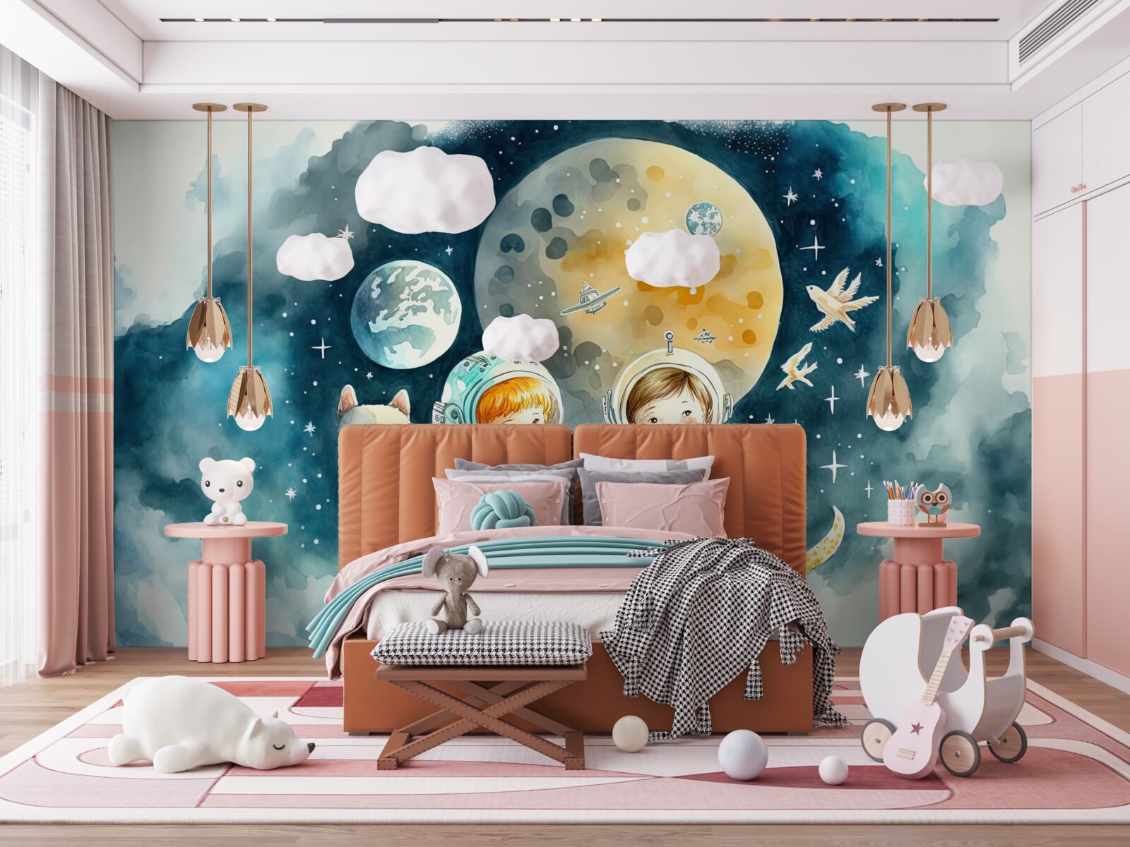 Papier peint enfants dans l'espace avec des animaux