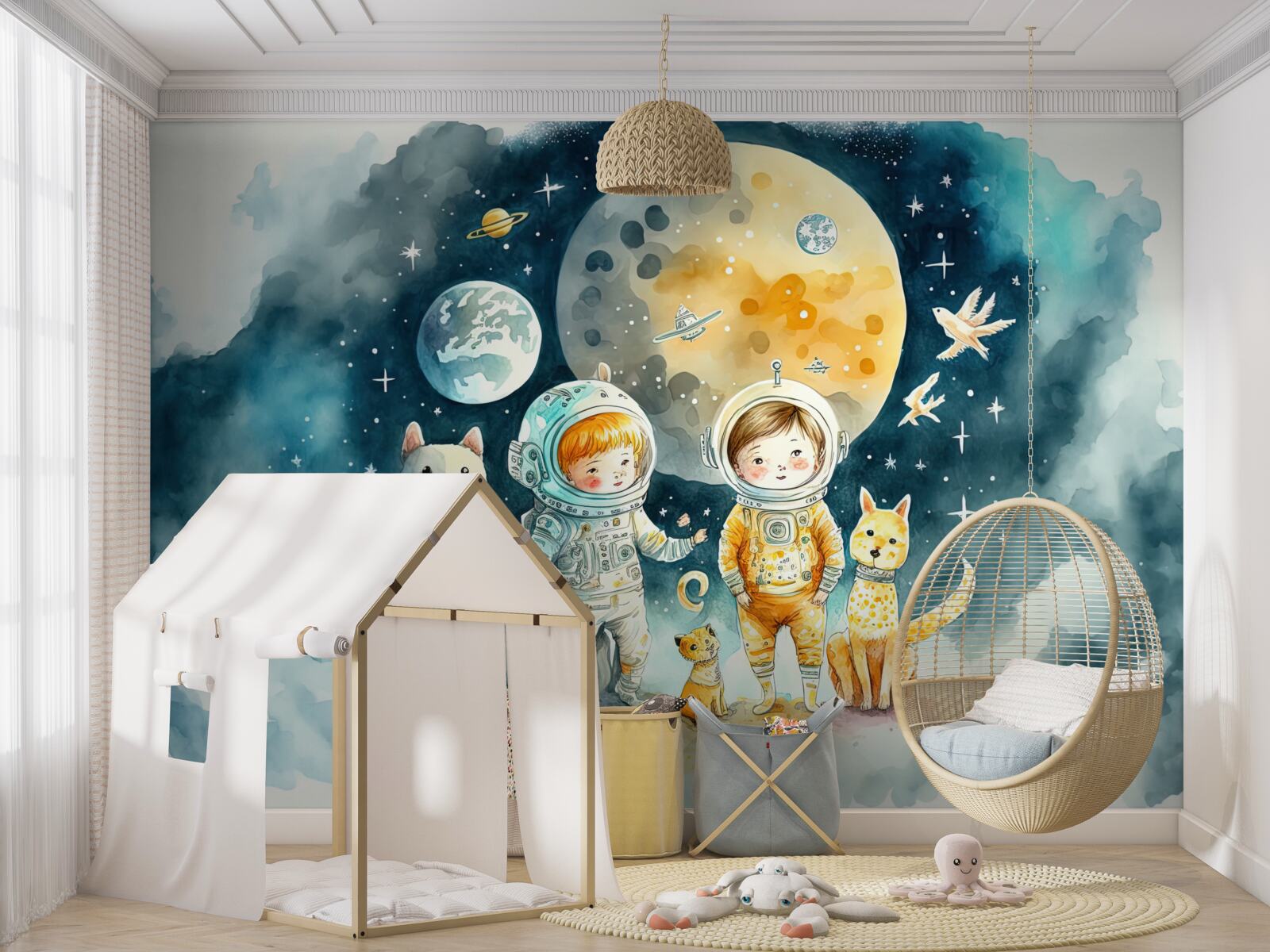 Papier peint enfants dans l'espace avec des animaux