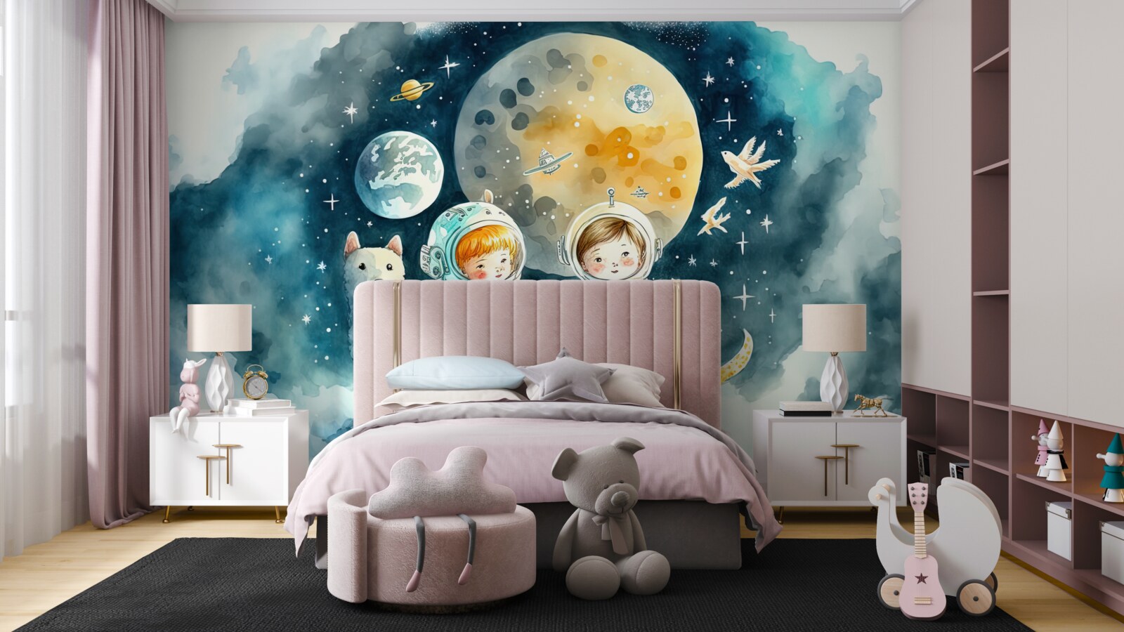 Papier peint enfants dans l'espace avec des animaux