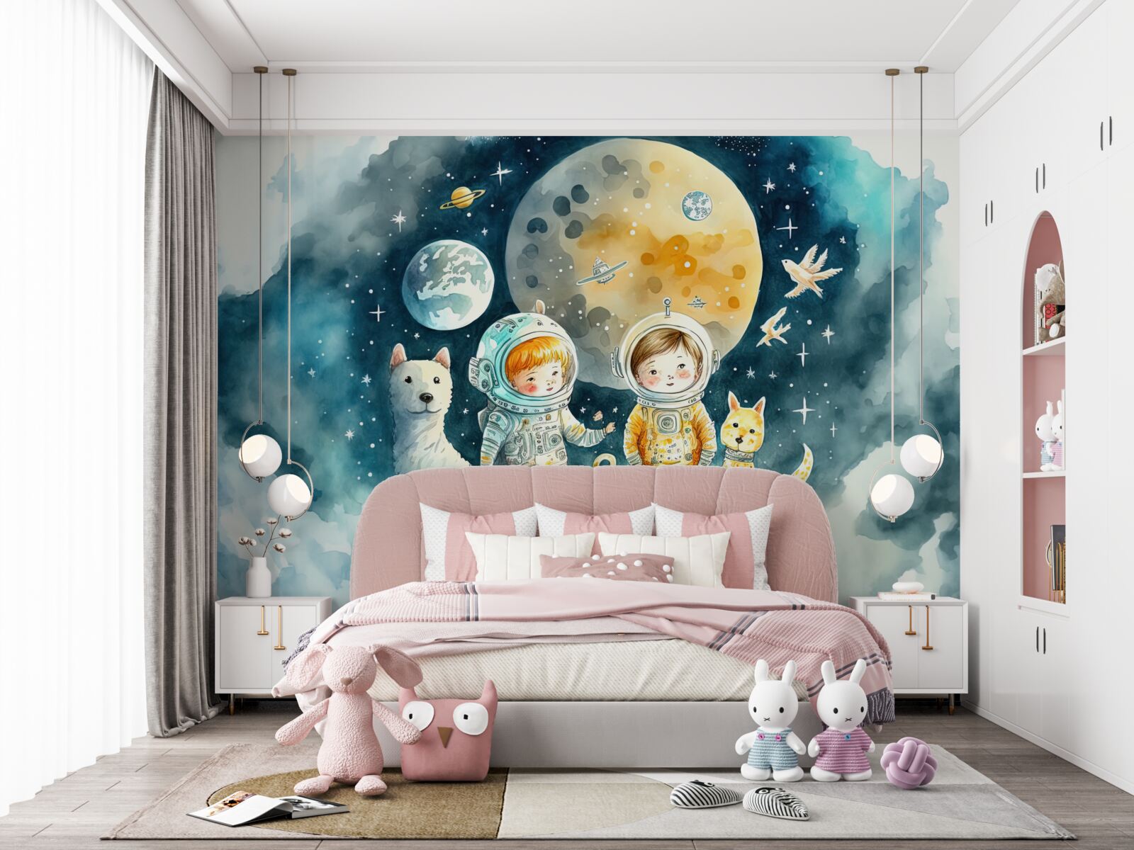 Papier peint enfants dans l'espace avec des animaux