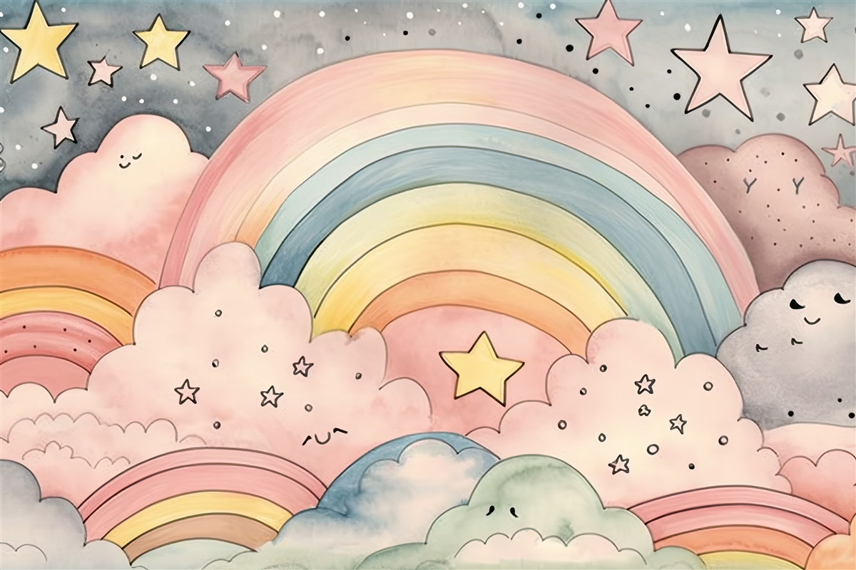 Papier peint étoiles et arcs-en-ciel parmi les nuages