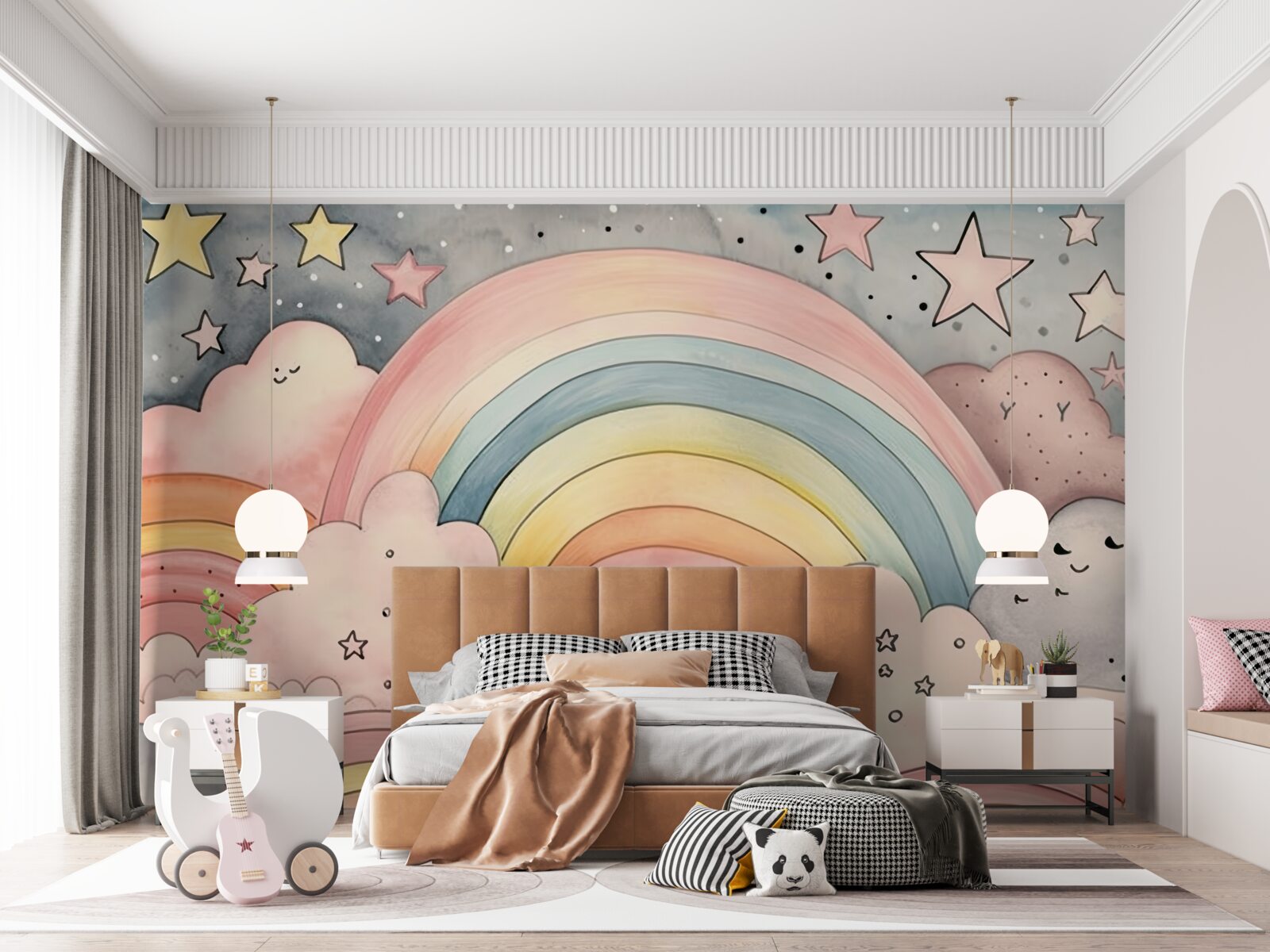 Papier peint étoiles et arcs-en-ciel parmi les nuages