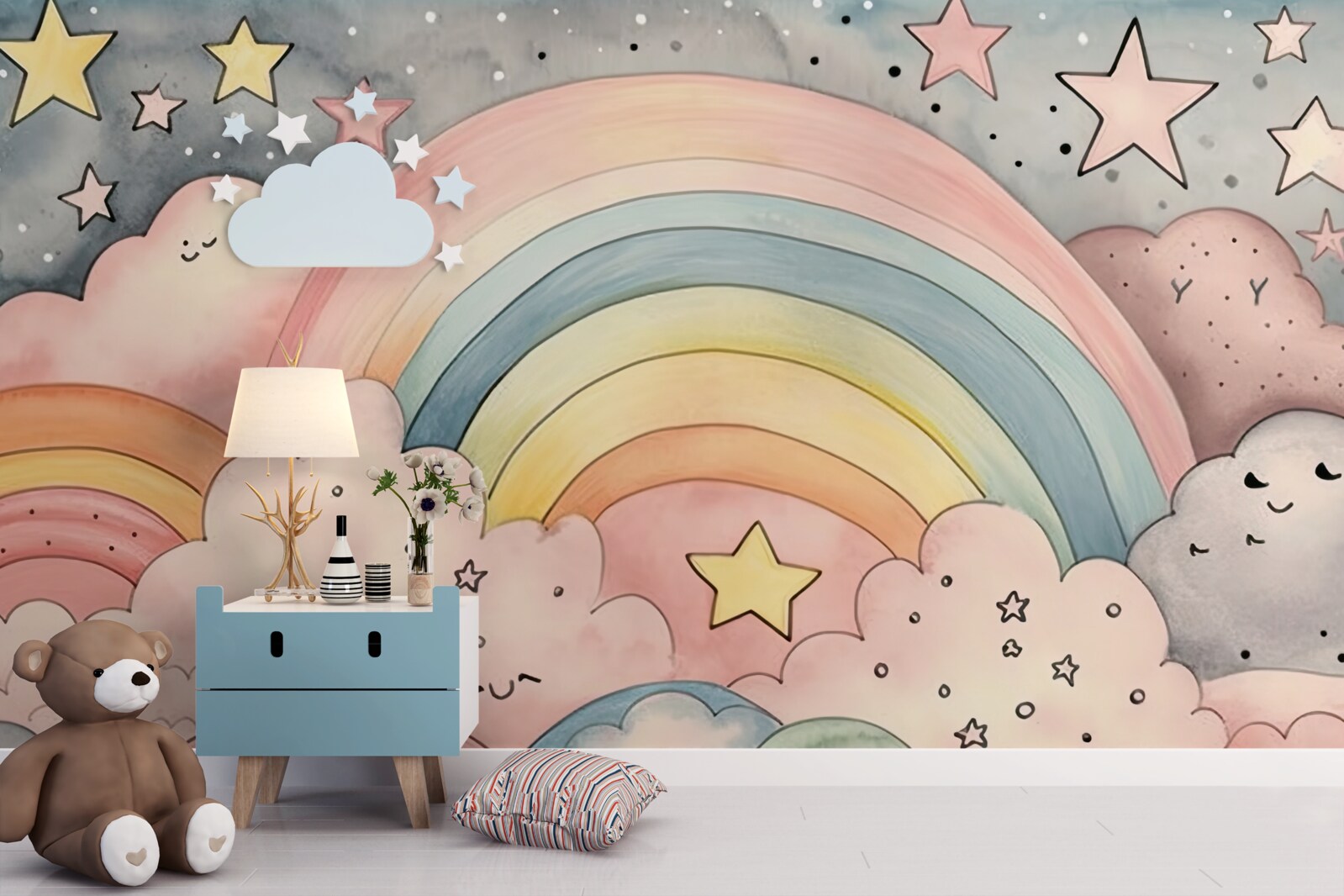 Papier peint étoiles et arcs-en-ciel parmi les nuages