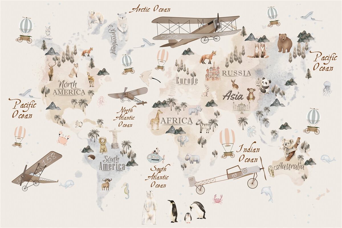 Papier peint carte du monde avec des images de différents animaux et moyens de transport