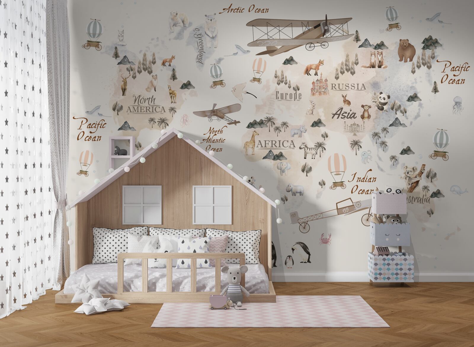 Papier peint carte du monde avec des images de différents animaux et moyens de transport
