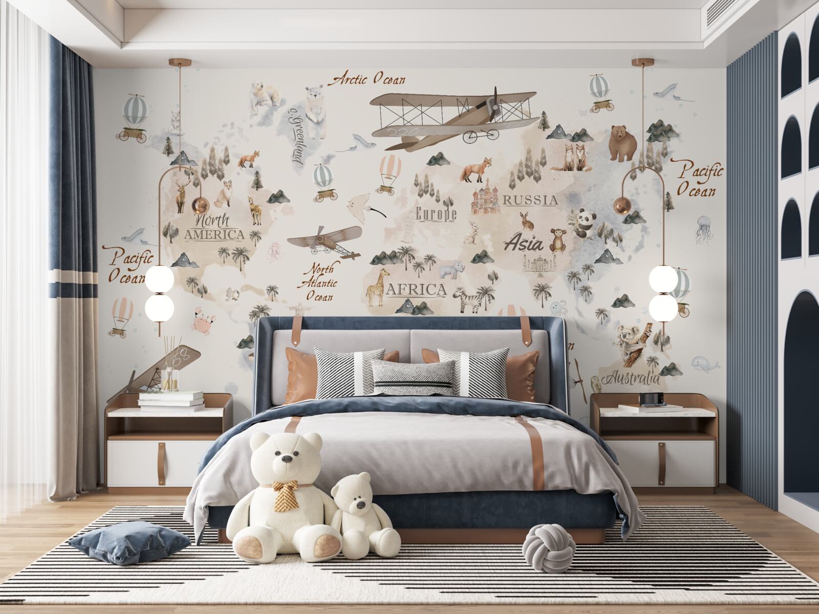 Papier peint carte du monde avec des images de différents animaux et moyens de transport