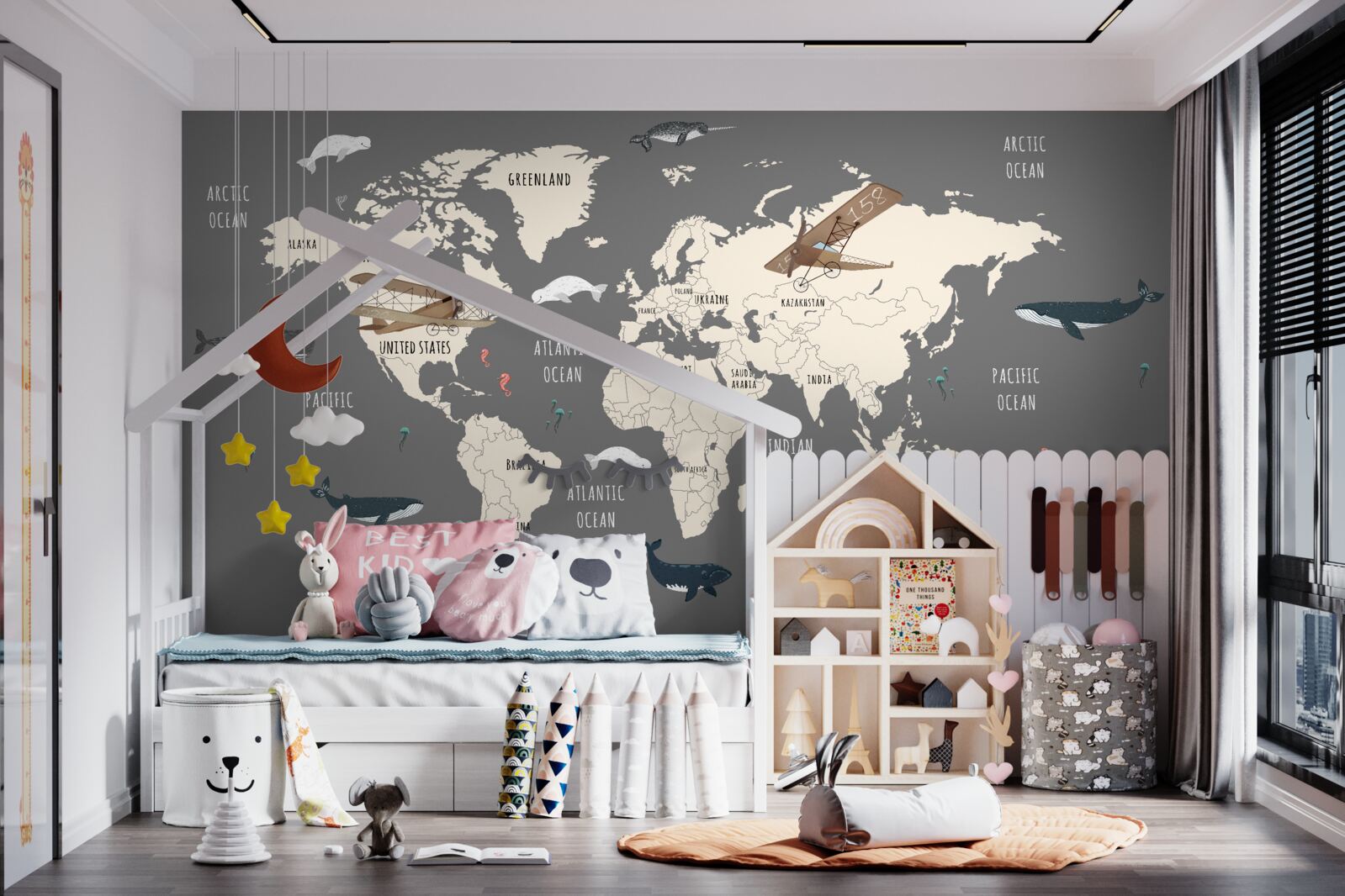 Papier peint carte du monde avec la vie marine