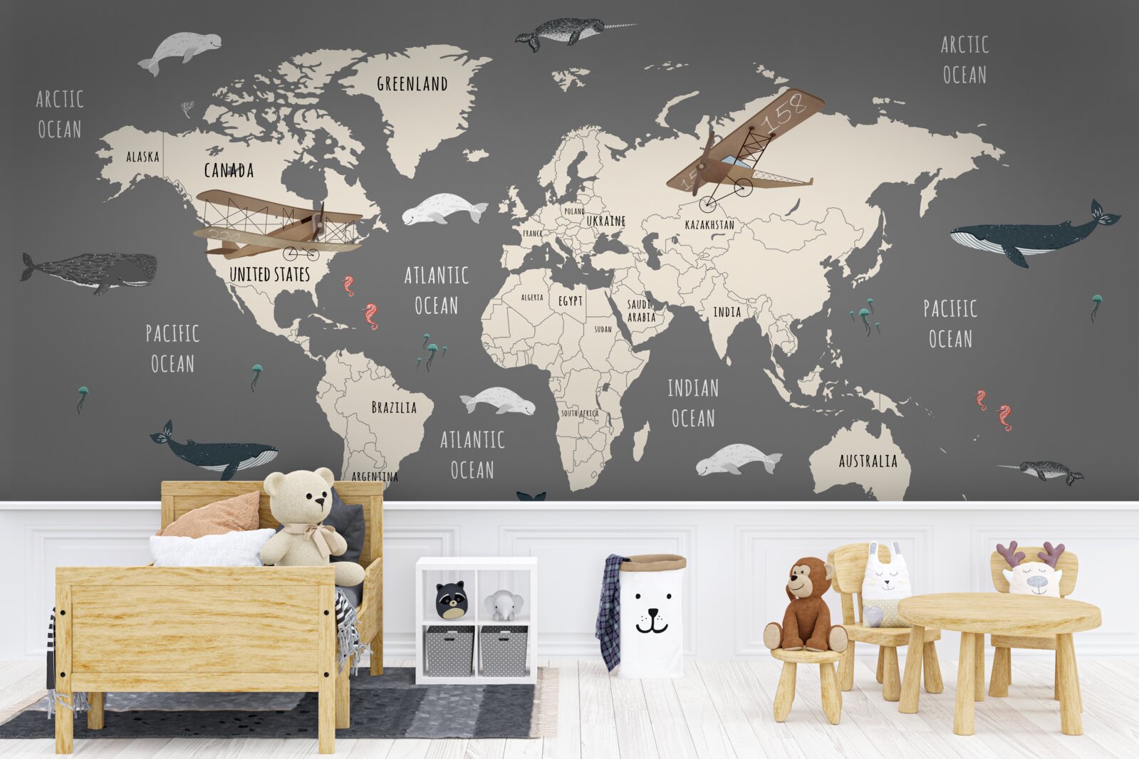 Papier peint carte du monde avec la vie marine