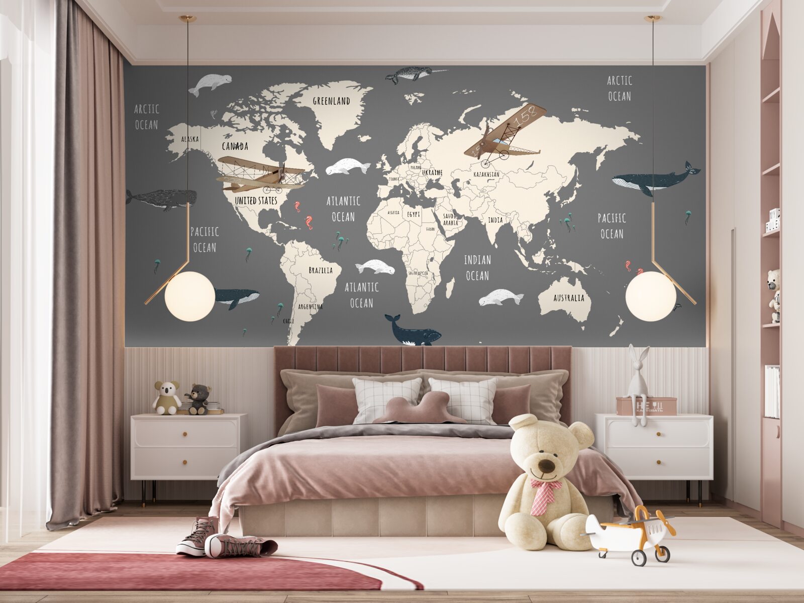 Papier peint carte du monde avec la vie marine