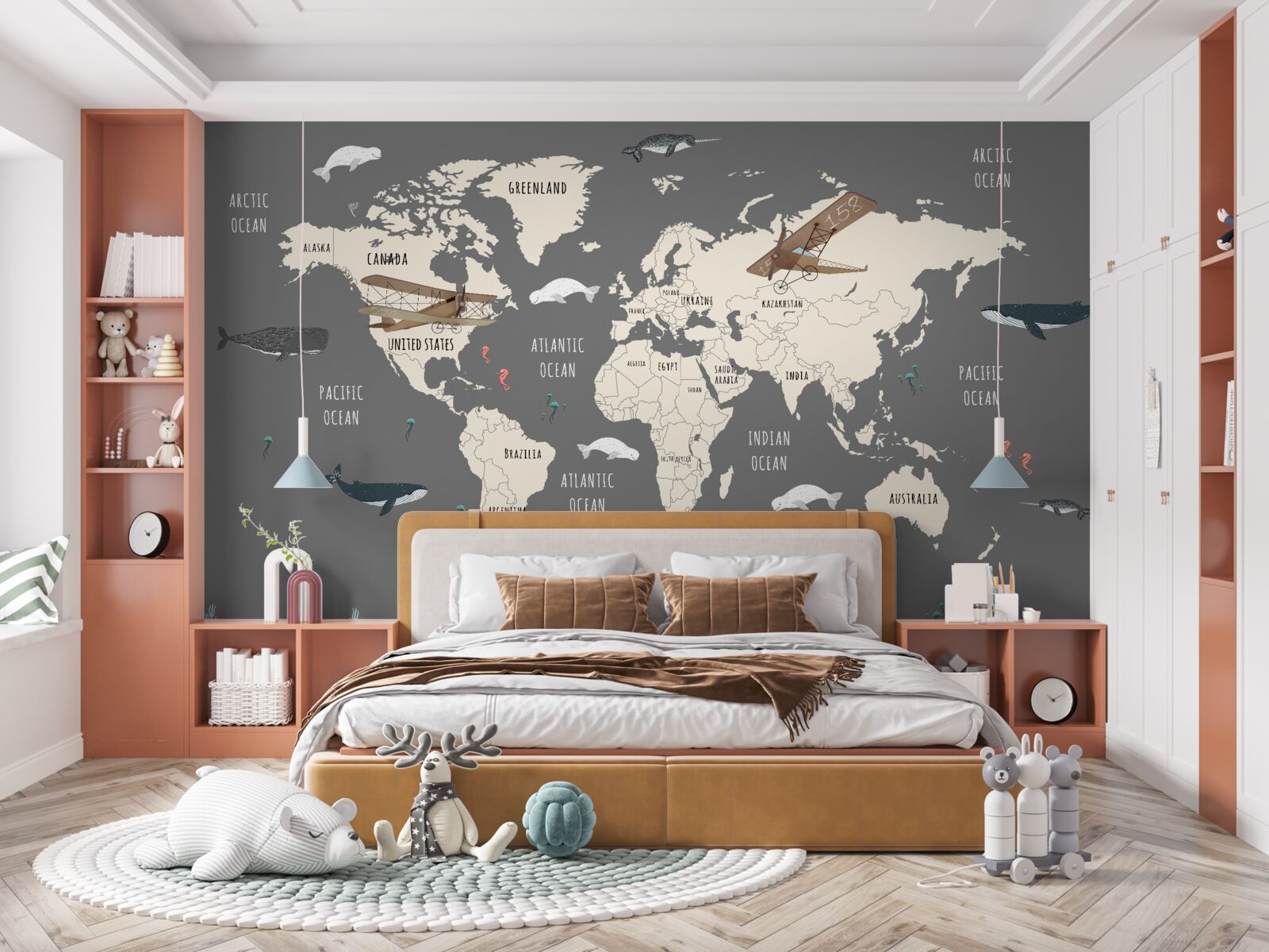 Papier peint carte du monde avec la vie marine