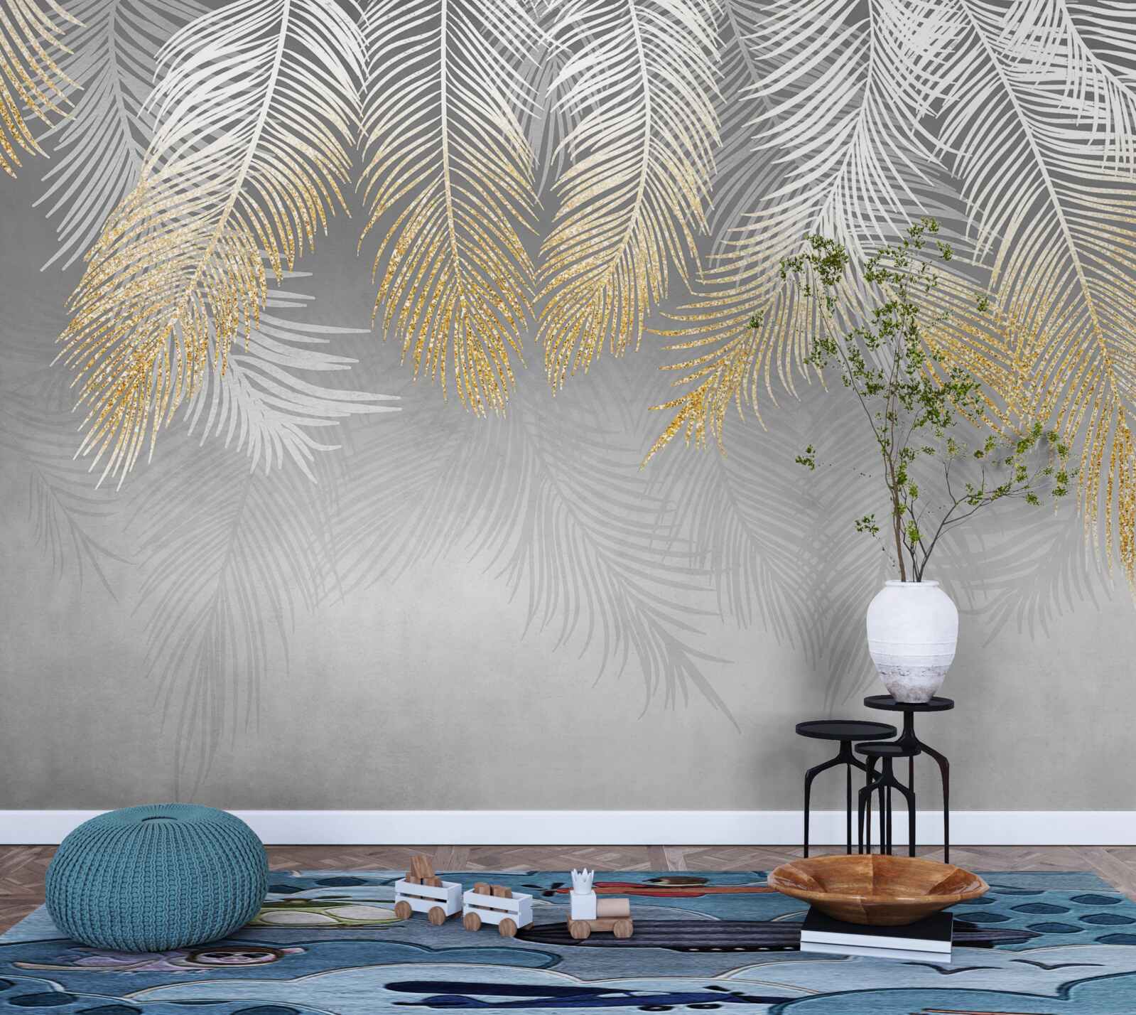 Papier peint fougère d'or blanc