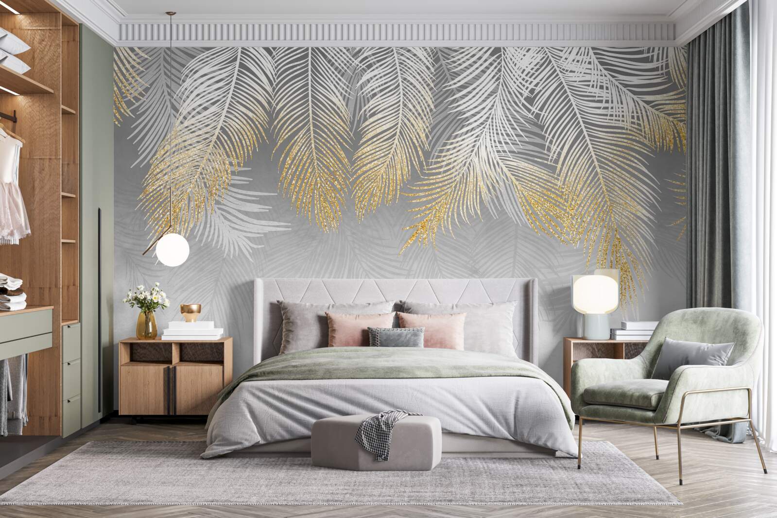 Papier peint fougère d'or blanc