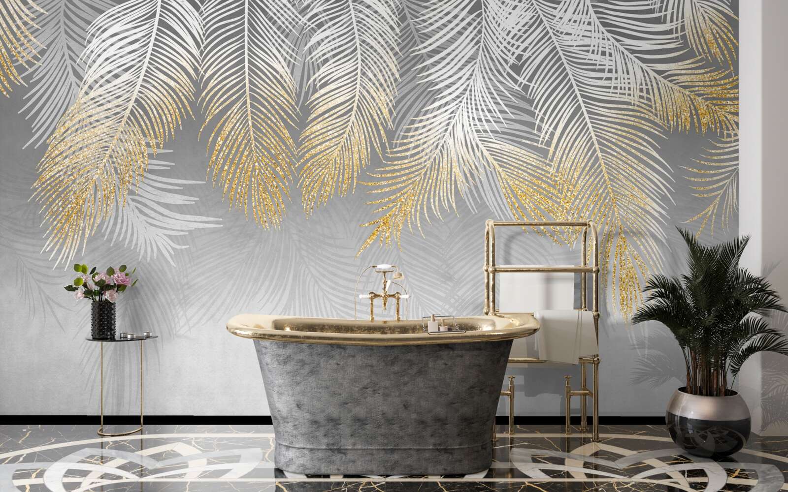 Papier peint fougère d'or blanc