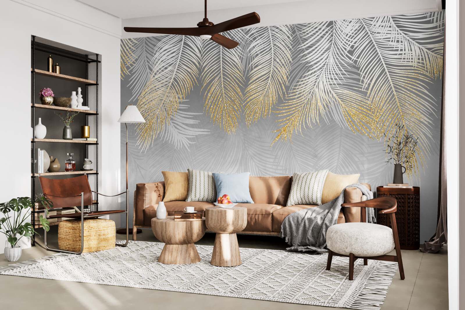 Papier peint fougère d'or blanc