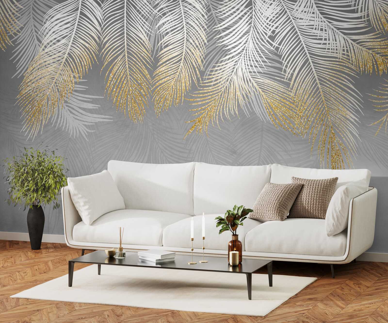 Papier peint fougère d'or blanc